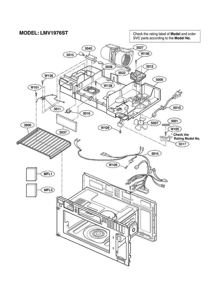 Interior Parts Diagram and Parts List for LMV1976ST01  LG Microwave