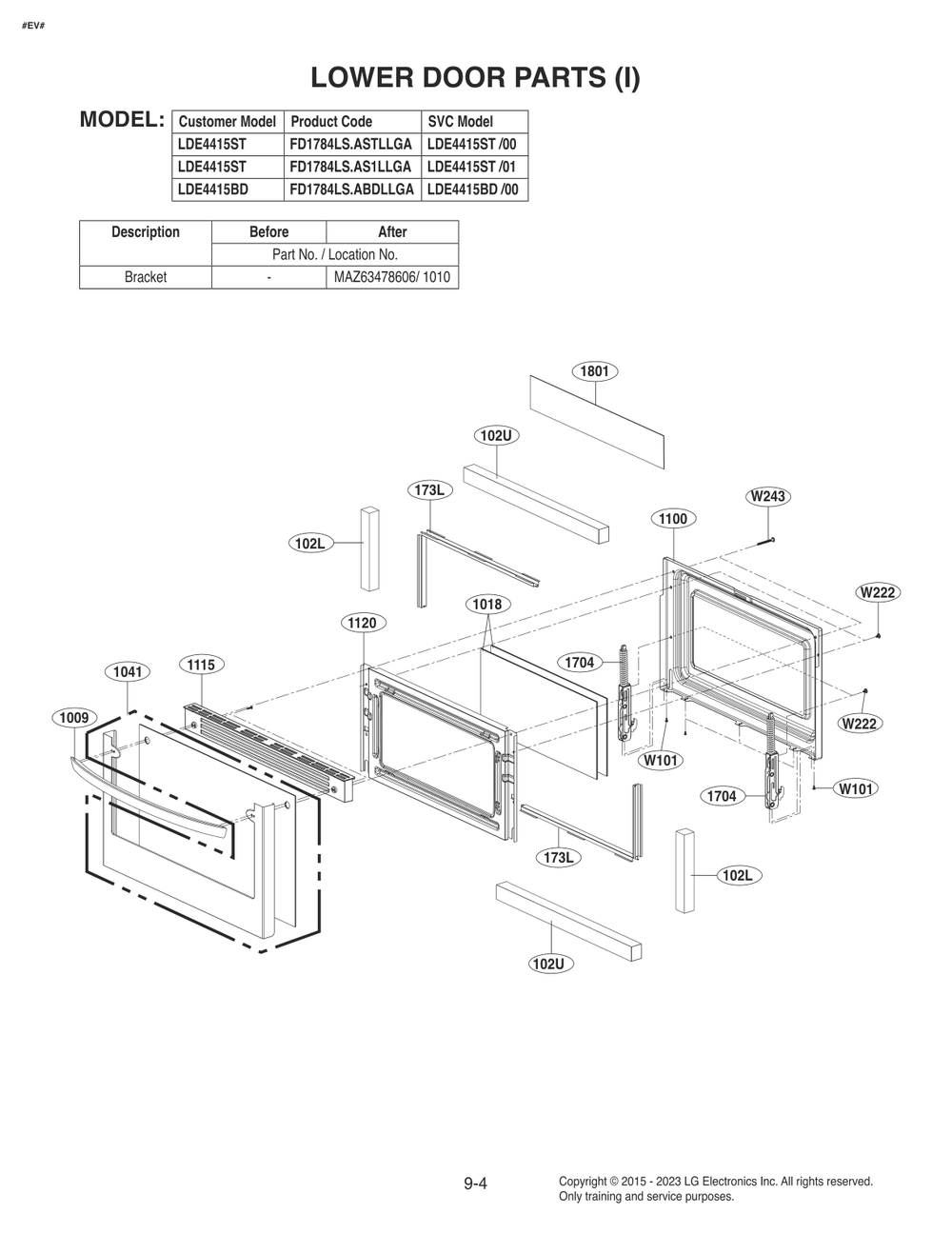 Lower Door Parts Diagram and Parts List for FD1784LS ASTLLGA LG Range