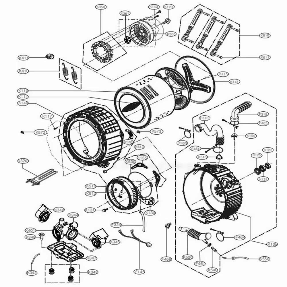 Drum And Tub Assembly Diagram and Parts List for WM5000HVA ASSEEUS LG Washer