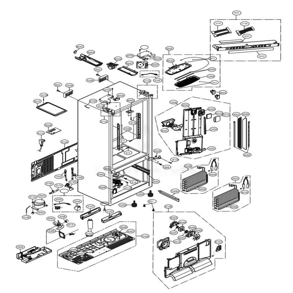 Case Parts Diagram and Parts List for 74309 AWBCSE0 LG Refrigerator