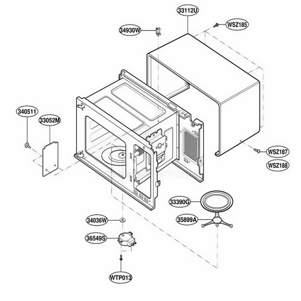 Oven Cavity Parts Diagram and Parts List for JE1360WB MWEGEU LG Microwave