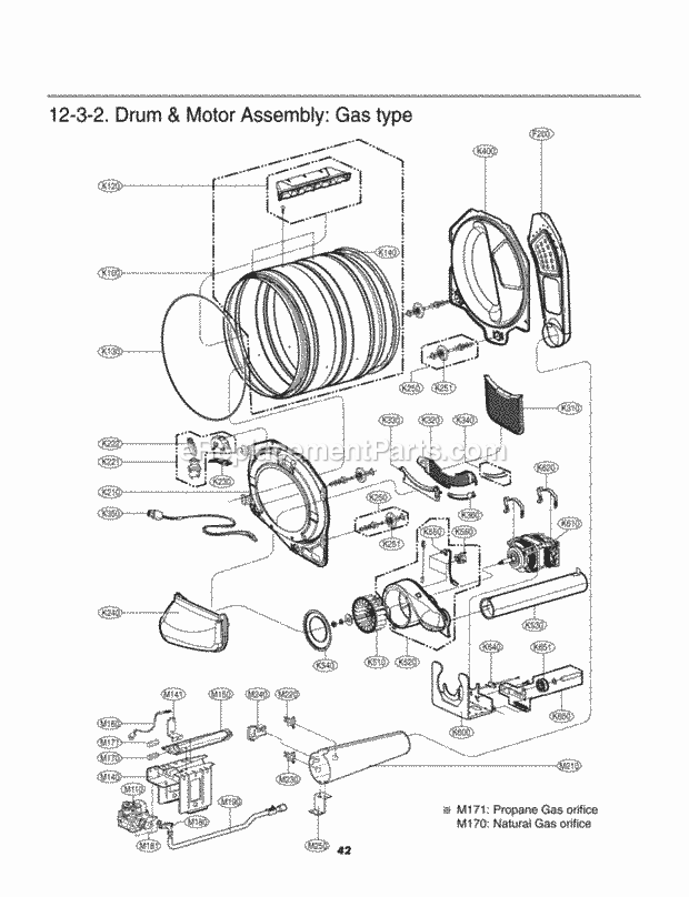 Drum & Motor Assembly Diagram and Parts List for DLE2516W  LG Dryer
