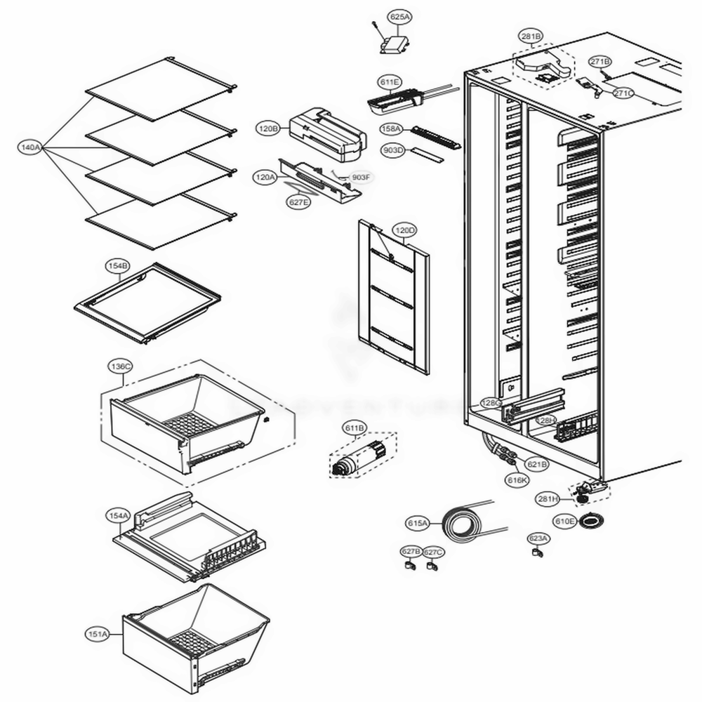 Refrigerator Compartment Diagram and Parts List for LSXS26386D ASBCNA1 LG Refrigerator
