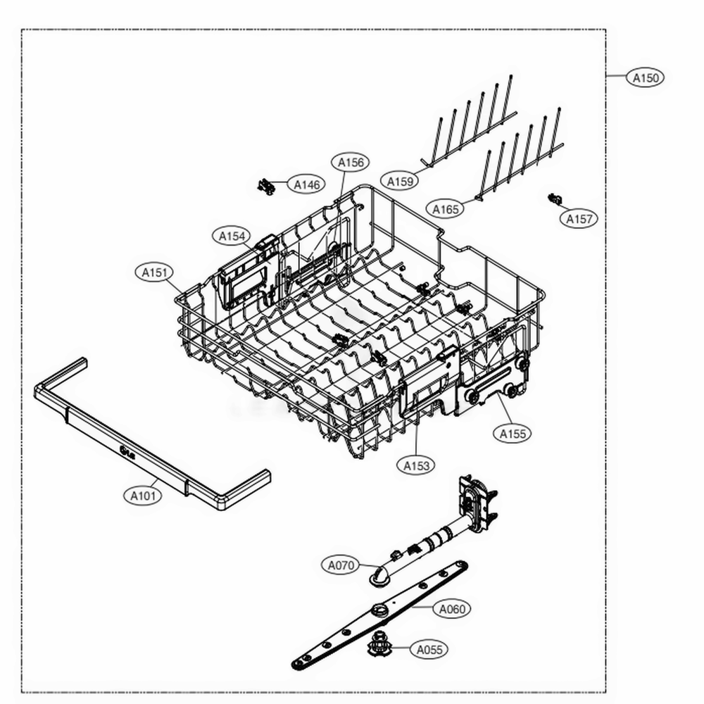 Upper Rack Assembly Diagram and Parts List for LDB4548ST ASTEEUS LG Dishwasher