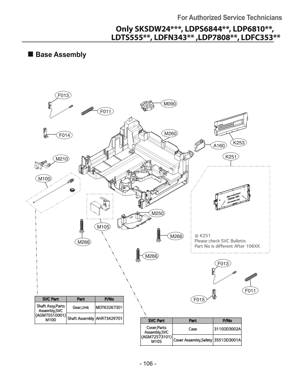 Base Assembly Diagram and Parts List for LDFC353LS ASSEEUS LG Dishwasher
