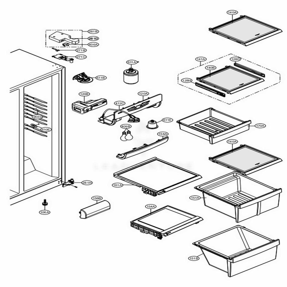 Refrigerator Compartment Diagram and Parts List for 51329 AWBCSER LG Refrigerator