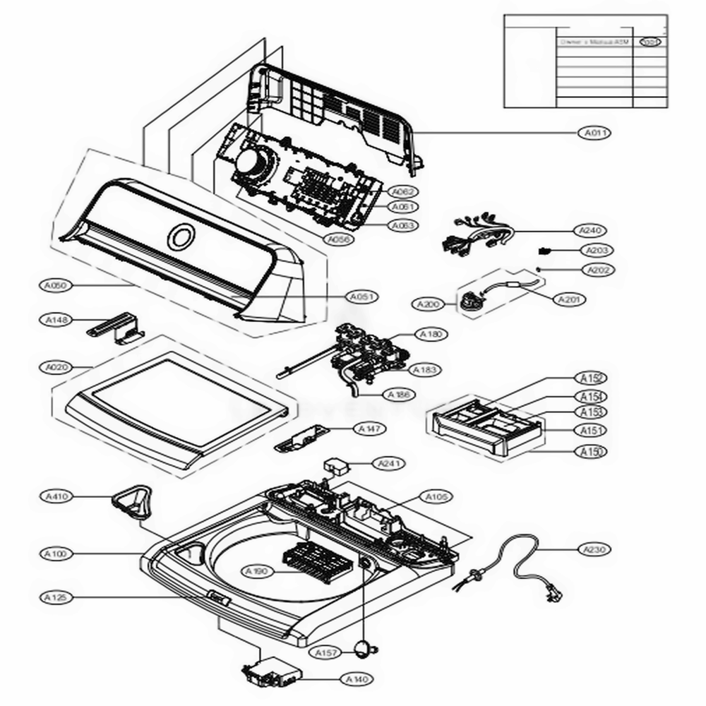 Top Cover Assembly Diagram and Parts List for WT7305CV ASSETUS LG Washer
