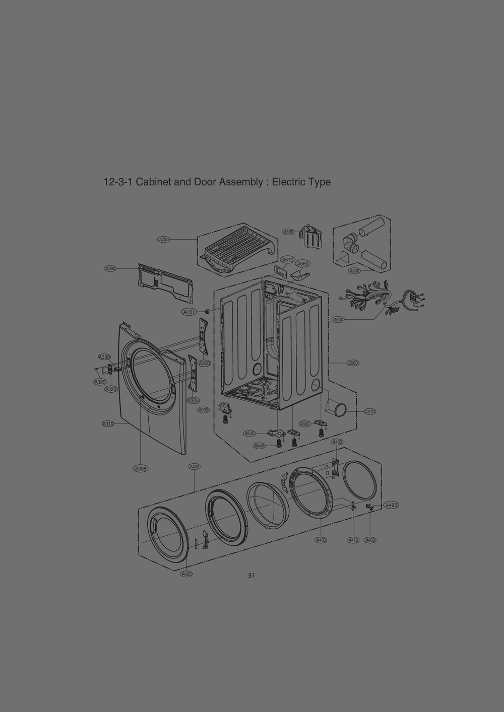 Cabinet And Door Assembly Diagram and Parts List for RV13A2AS ABWESEU LG Dryer