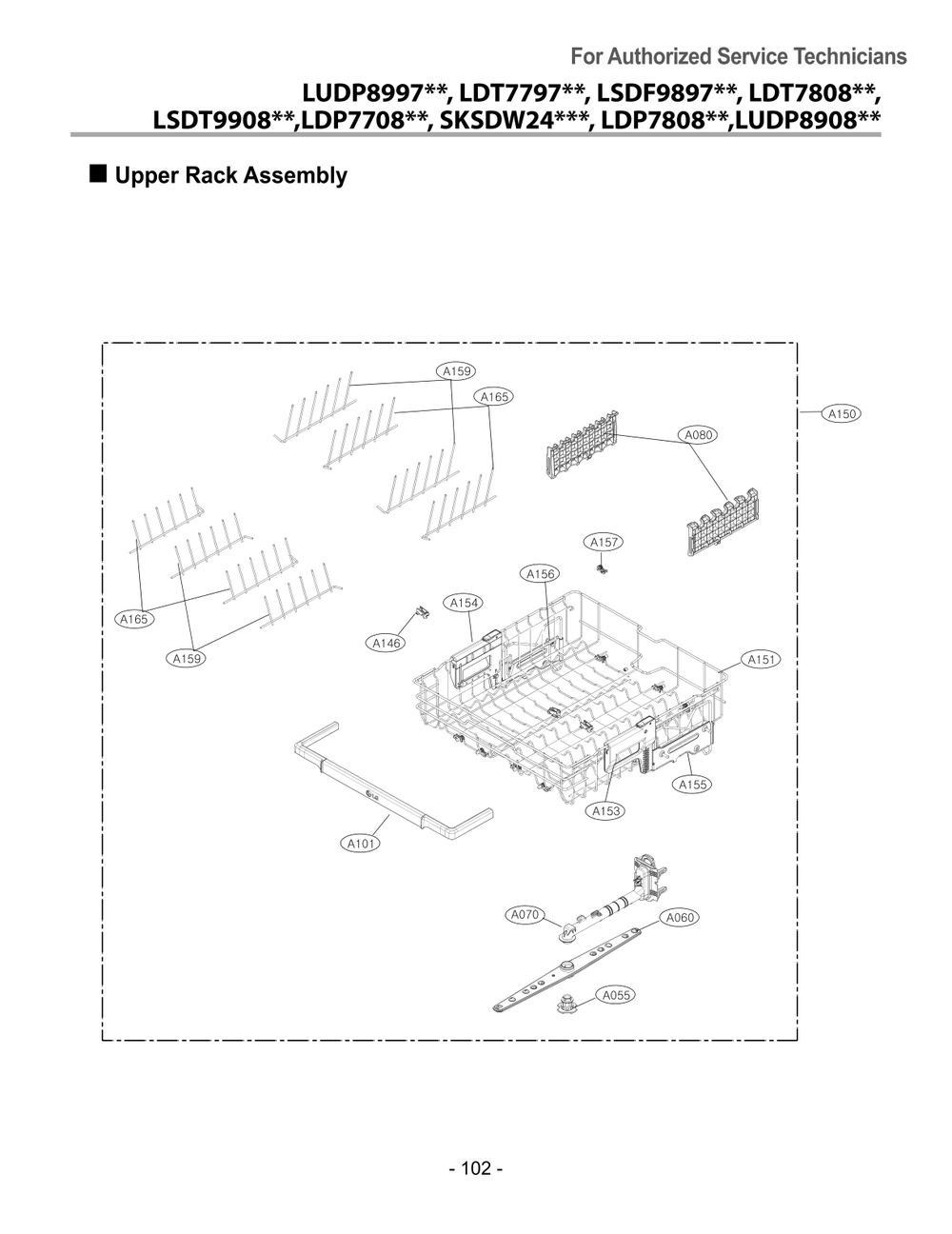 Upper Rack Assembly Diagram and Parts List for DUA217TD ABDEEUS LG Dishwasher