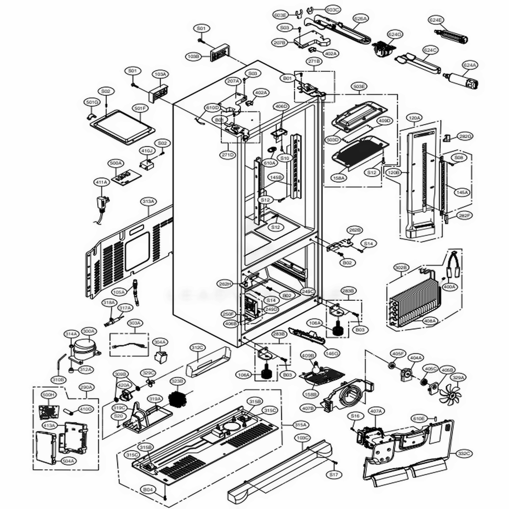 Case Parts Diagram and Parts List for LFX21976ST ASTCNA1 LG Refrigerator