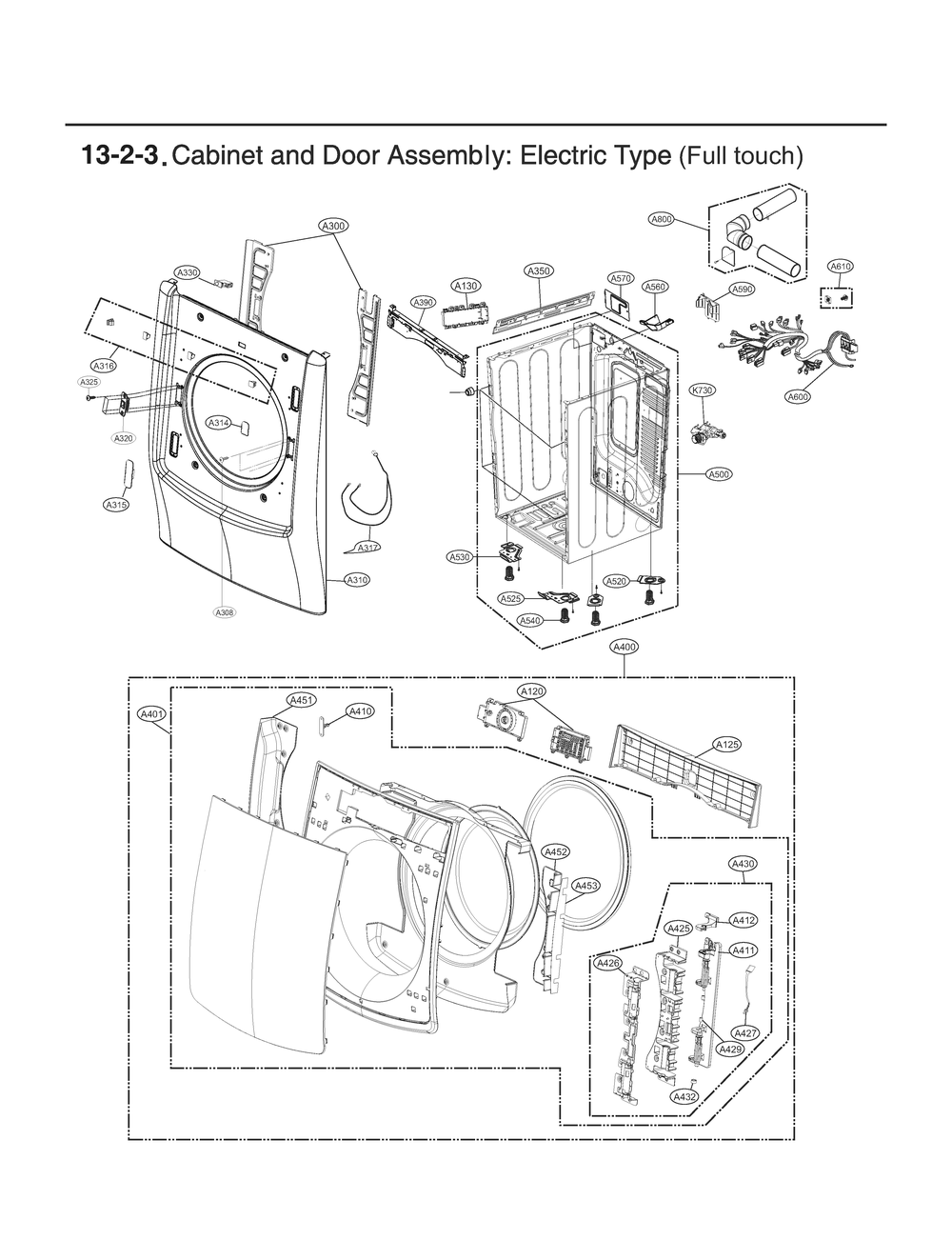 Cabinet And Door Assembly Diagram and Parts List for RV18A6HS ABSEEUS LG Dryer