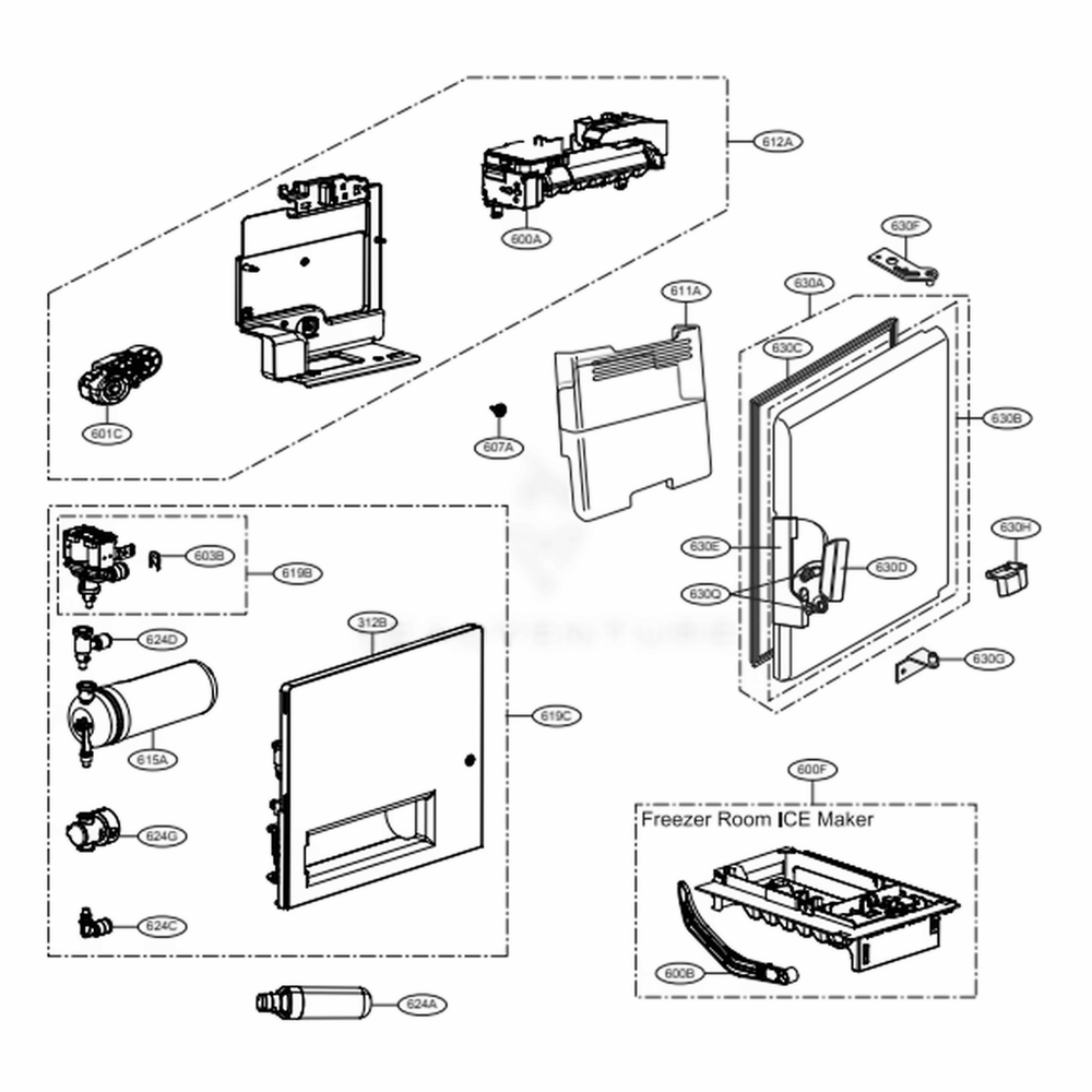 Ice Maker And Ice Bin Parts 1 Diagram and Parts List for 75075 ASTCSE0 LG Refrigerator