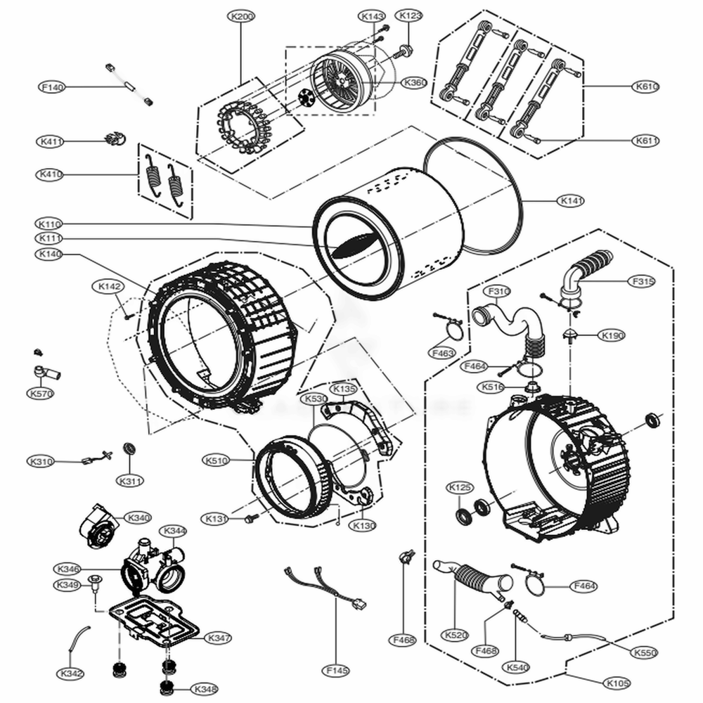 Drum And Tub Assembly Diagram and Parts List for WM3180CW ABWETUS LG Washer