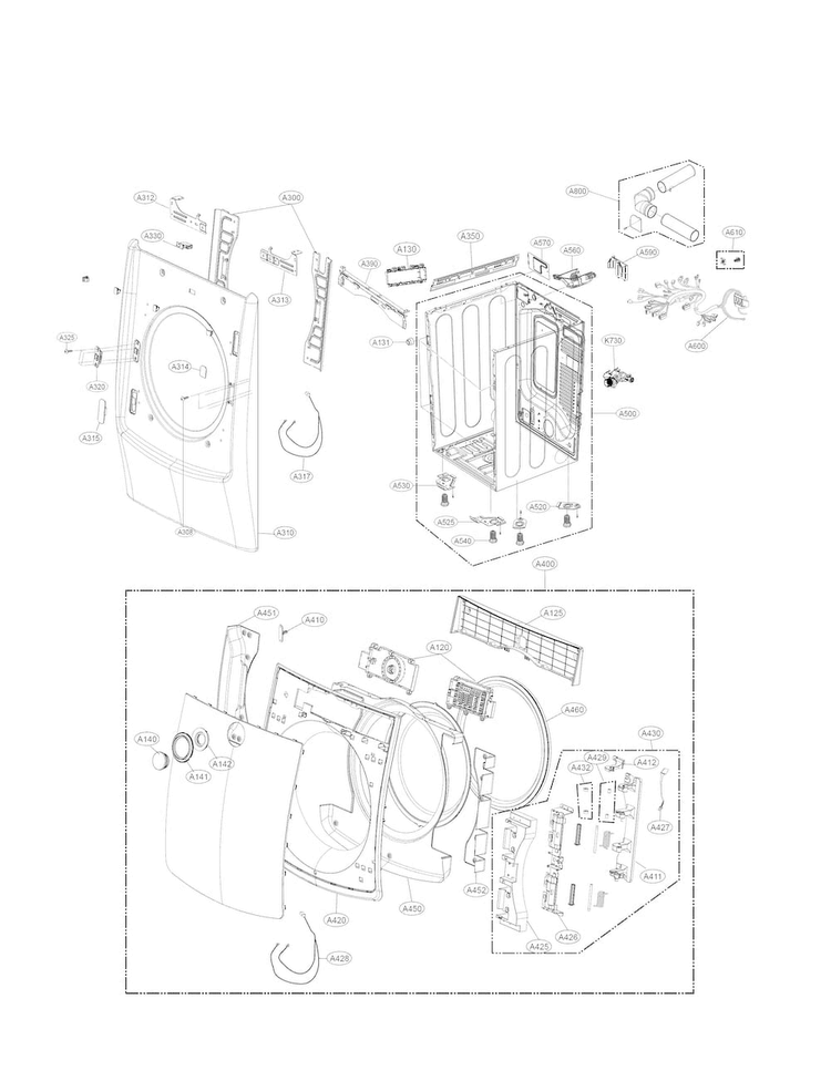 Cabinet And Door Parts Diagram and Parts List for DLEX5000W  LG Dryer