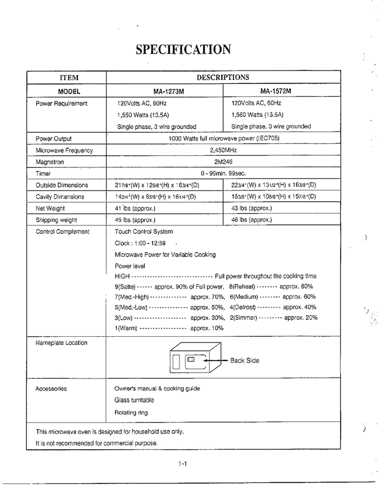 Specifications Diagram and Parts List for MA-1273M  LG Microwave
