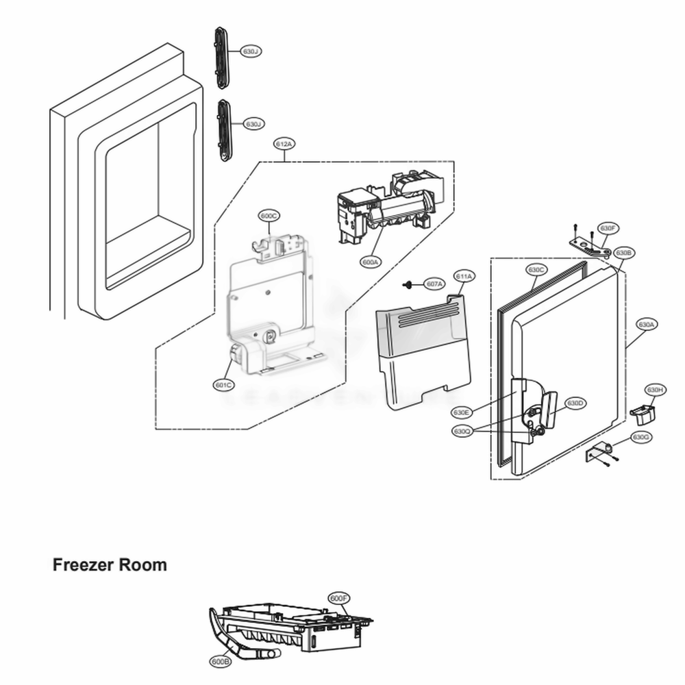Ice Maker And Ice Bin Parts Diagram and Parts List for LFXS26596D ASBCNA0 LG Refrigerator