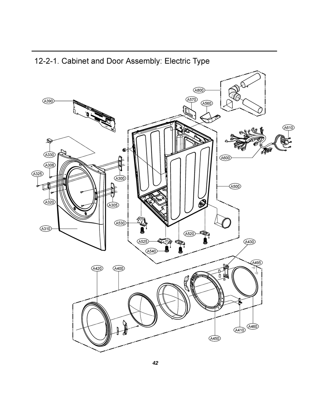 Cabinet And Door Assembly Diagram and Parts List for RV1386A2 ABWEEUS LG Dryer