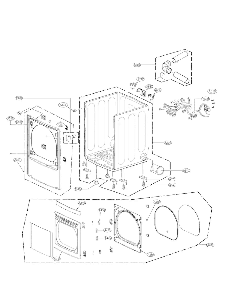 Cabinet And Door Assembly Parts Diagram and Parts List for DLE4870W  LG Dryer