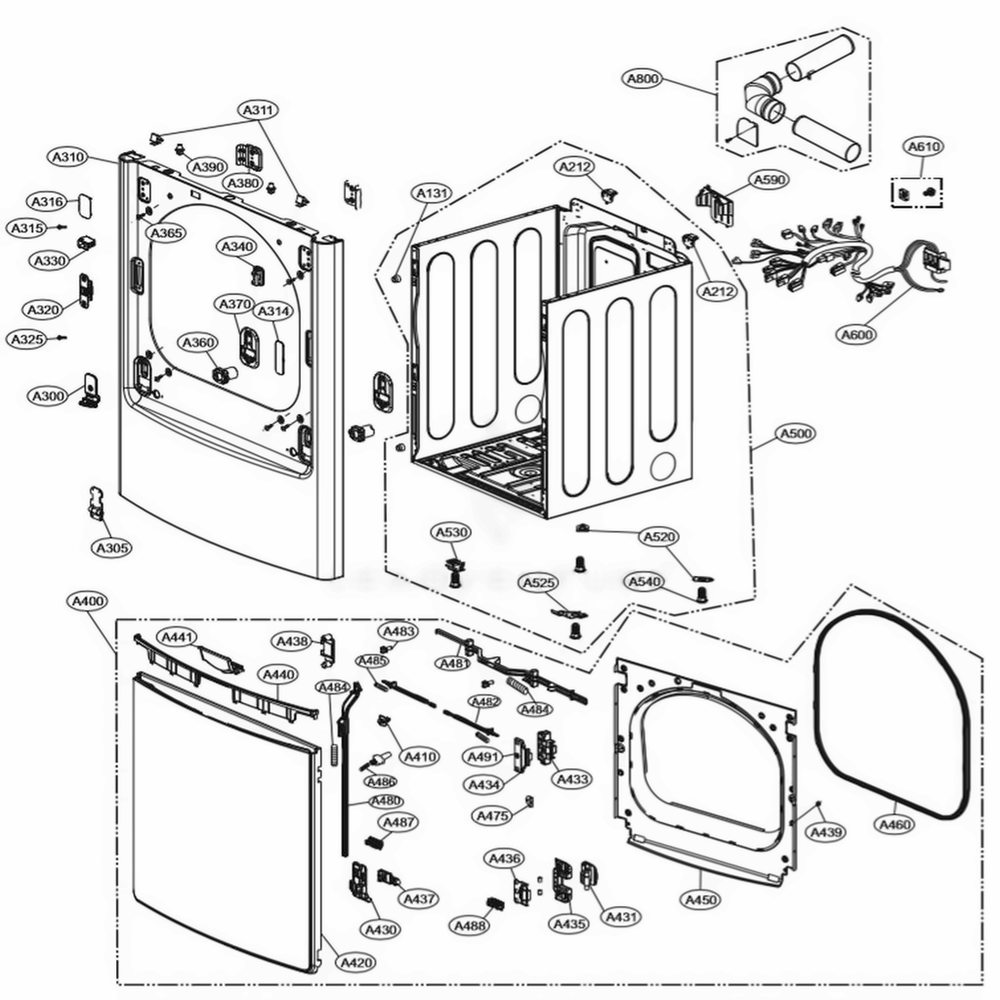 Cabinet And Door Assembly Diagram and Parts List for DLEX7700VE ASSEEUS LG Dryer