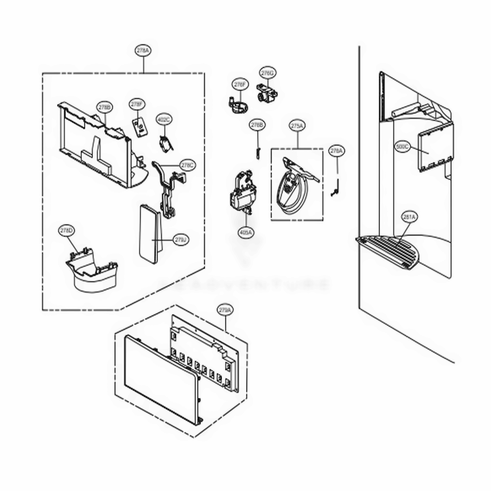 Dispenser Parts Diagram and Parts List for 73052 ASWCSE1 LG Refrigerator