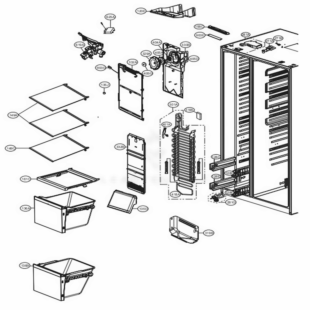 Freezer Compartment Diagram and Parts List for LSXS26386S ASTCNA0 LG Refrigerator