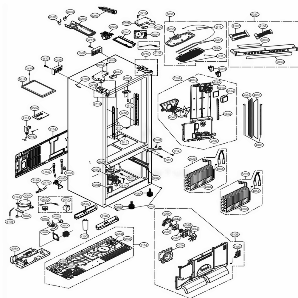 Case Parts Diagram and Parts List for 74042 ASWCSE2 LG Refrigerator