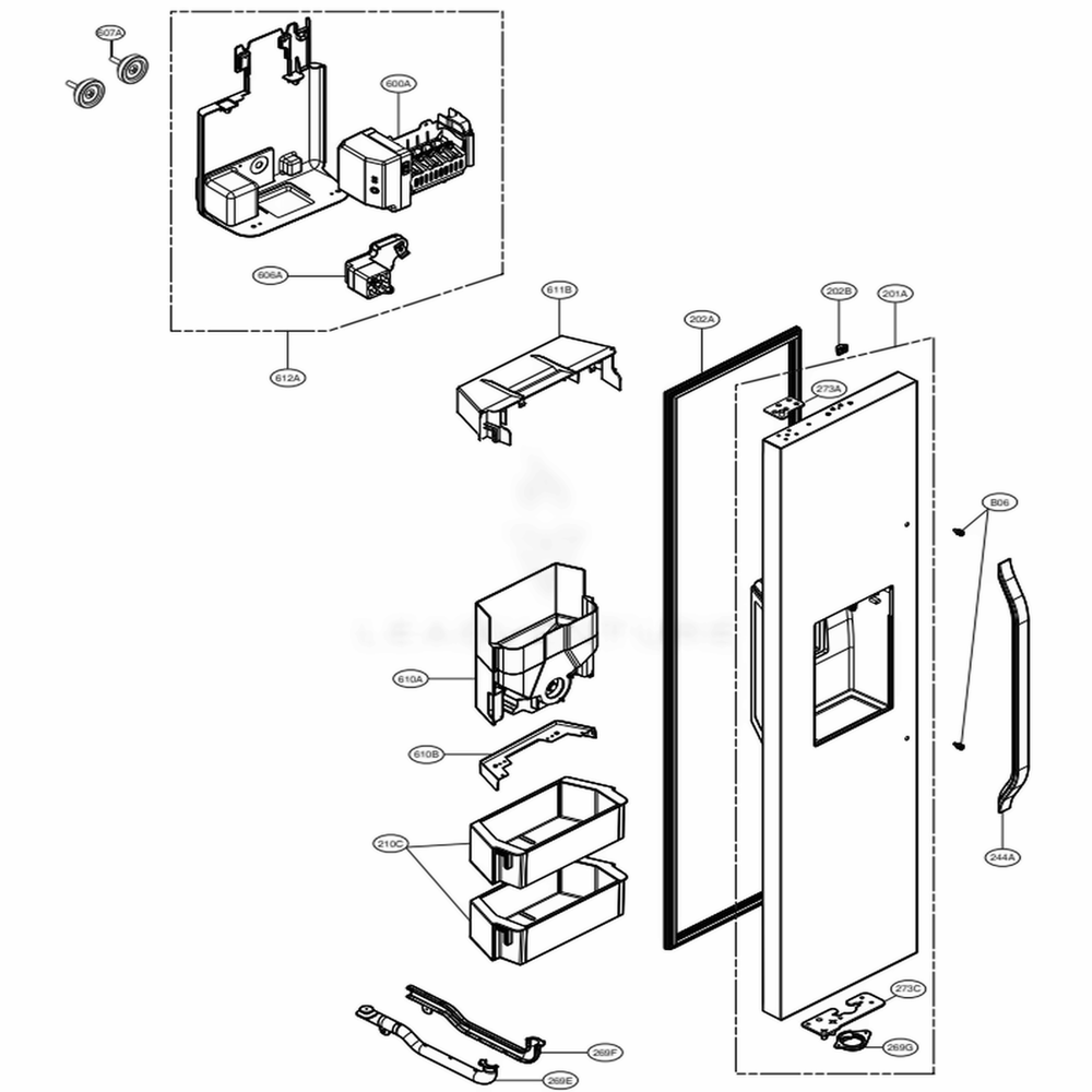 Freezer Door Part Diagram and Parts List for LSSB2692ST ASTCNA2 LG Refrigerator