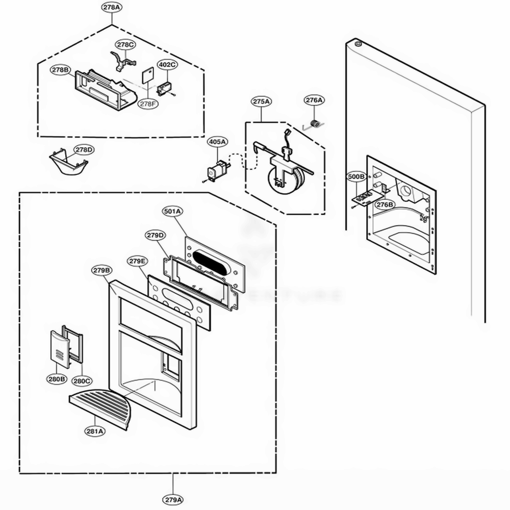 Dispenser Parts Diagram and Parts List for 79733 AST1SER LG Refrigerator