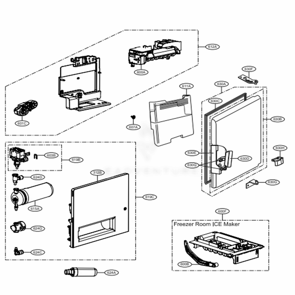 Ice Maker And Ice Bin Parts 1 Diagram and Parts List for 74405 ASTCSE0 LG Refrigerator