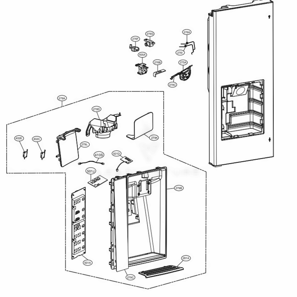 Dispenser Parts Diagram and Parts List for LMXC23796S ASTCNA1 LG Refrigerator