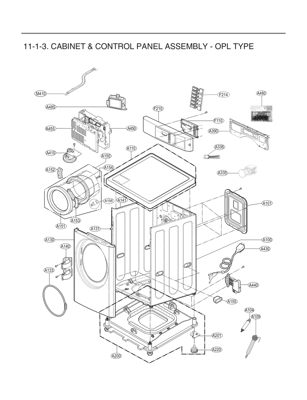Cabinet And Control Panel Assembly Opl Type Diagram and Parts List for FH0C7FD3 ASSEELC LG Washer