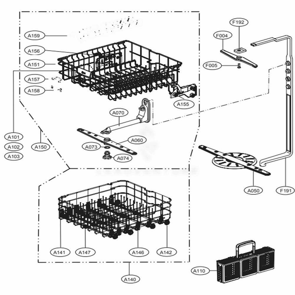 Rack Assembly Diagram and Parts List for LDS5040ST ASTEEUS LG Dishwasher