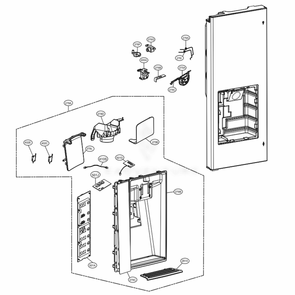 Dispenser Parts Diagram and Parts List for LMXC23796D ASBCNA0 LG Refrigerator