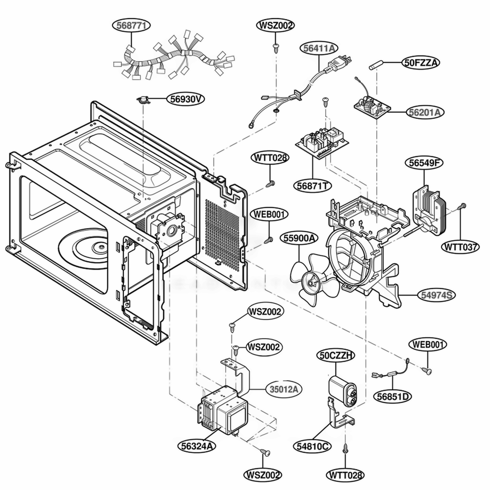 Oven Interior Parts 2 Diagram and Parts List for LTM9020W01 CW2ELGA LG Range