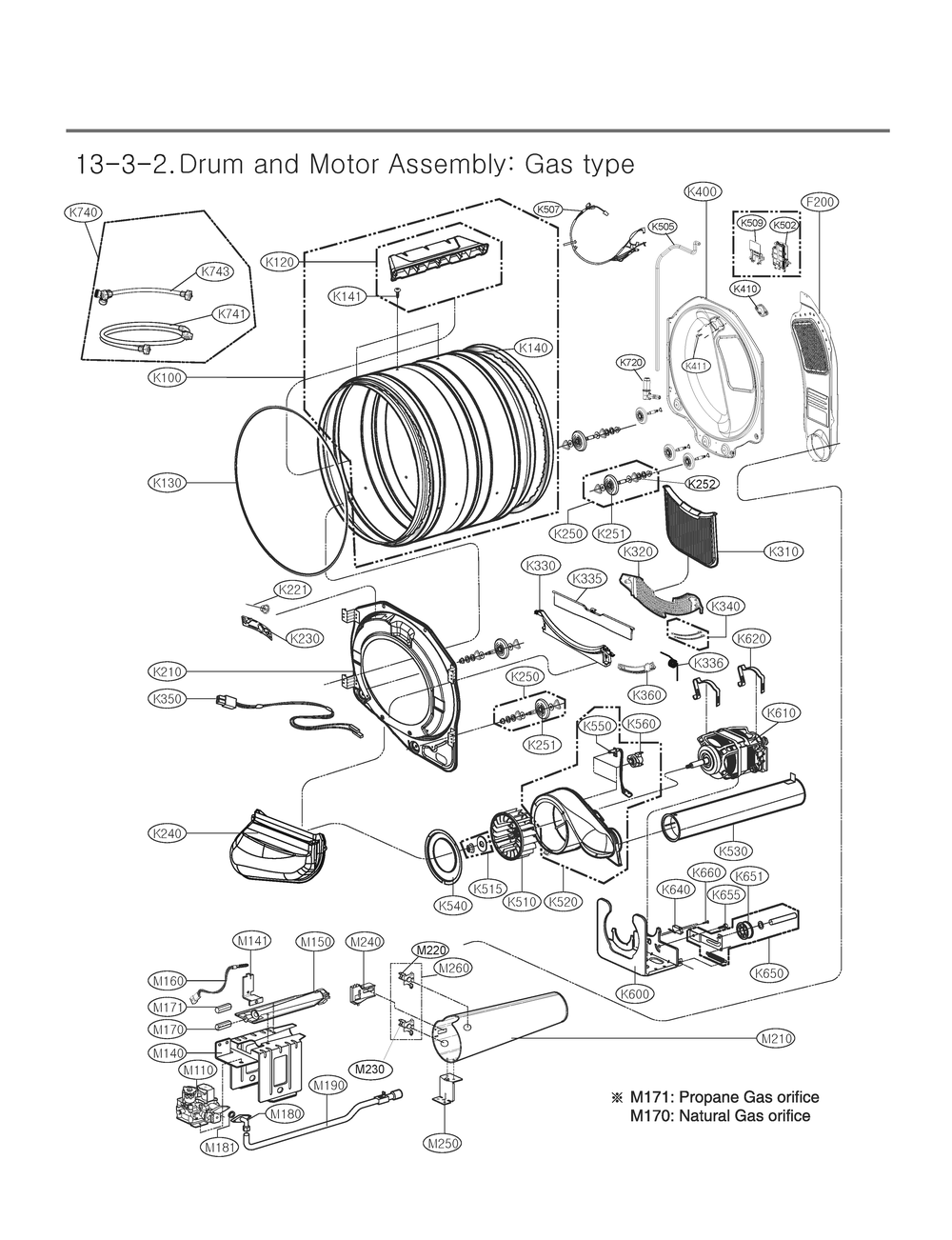 Drum And Motor Assembly Diagram and Parts List for RN13B2HS ABSEEUS LG Dryer