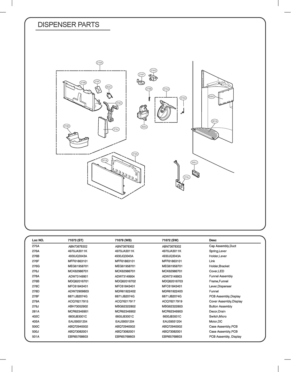 Dispenser Parts Diagram and Parts List for GC-L28ANSXP ASTCSE4 LG Refrigerator