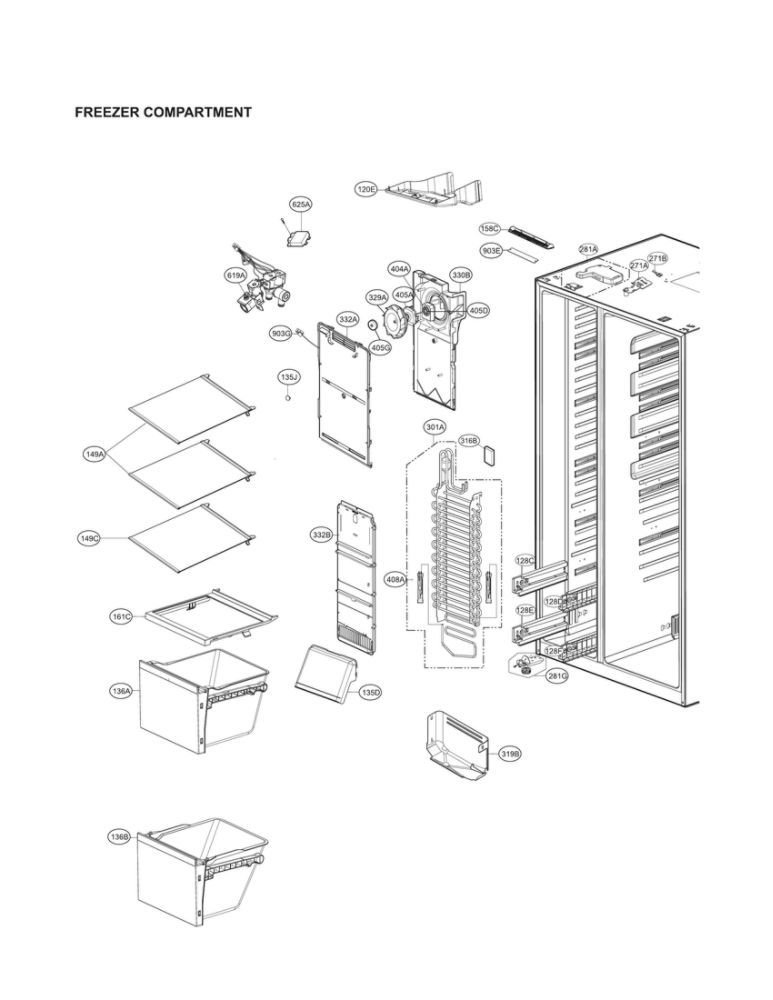 Freezer Compartment Parts Diagram and Parts List for LSXS26466S 01 LG Refrigerator