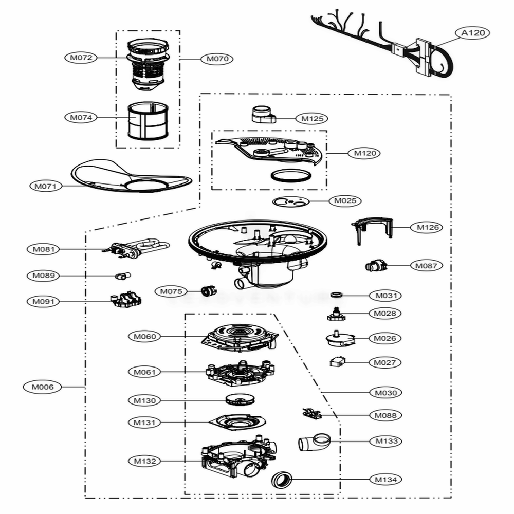 Sump Assembly Diagram and Parts List for LDF7774ST ASTEEUS LG Dishwasher