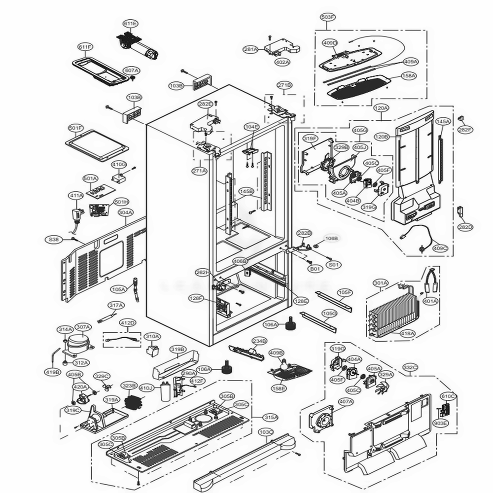 Case Parts Diagram and Parts List for LFX25978SW ASWCNA0 LG Refrigerator
