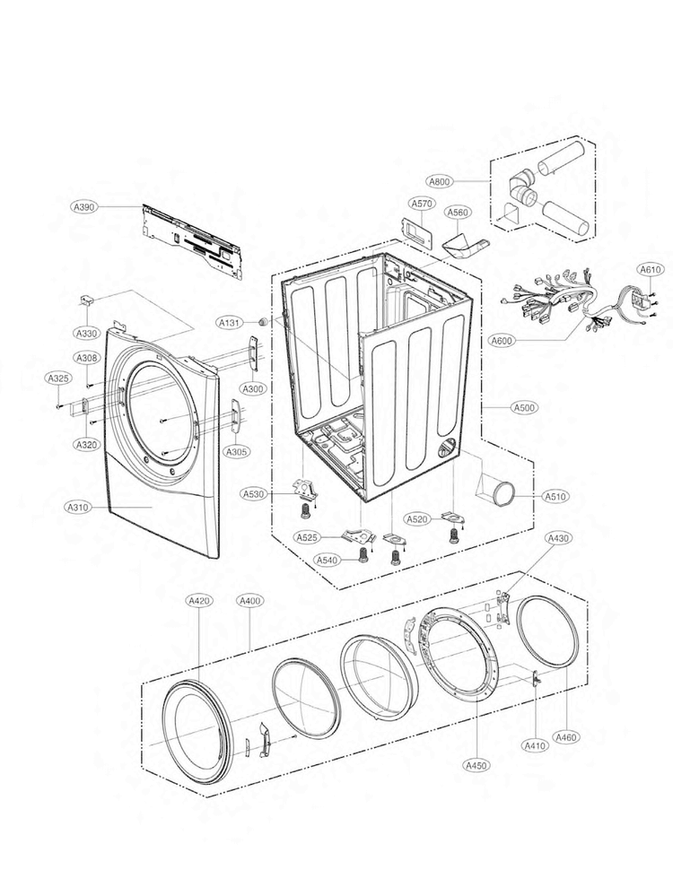 Cabinet And Door Parts Diagram and Parts List for DLE3170W  LG Dryer