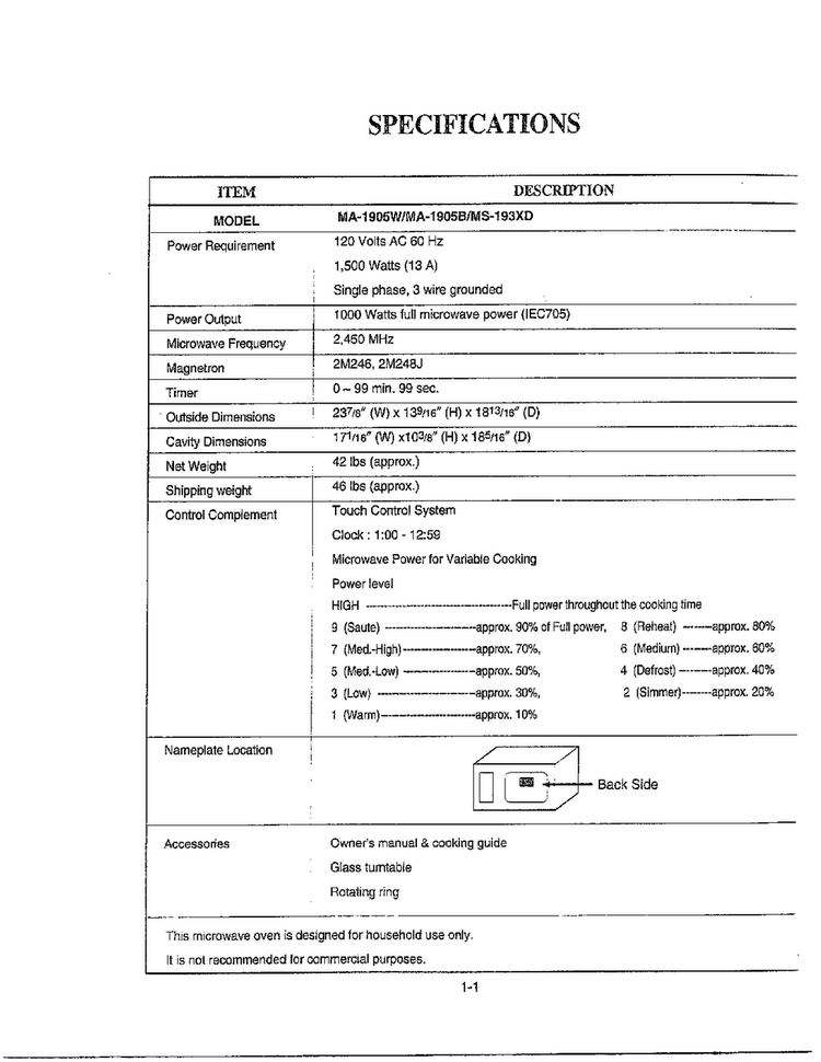 Specifications Diagram and Parts List for MA-1905W  LG Microwave