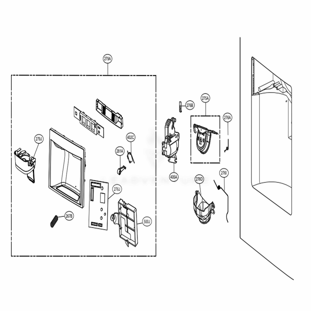 Dispenser Parts Diagram and Parts List for 73157 ASBCSE1 LG Refrigerator