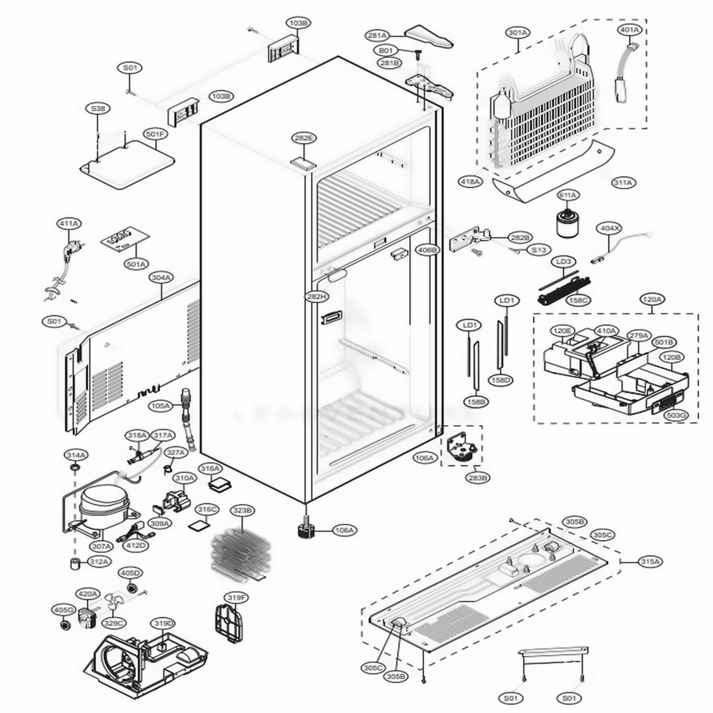 Case Parts Diagram and Parts List for 79439 AWBCSE4 LG Refrigerator