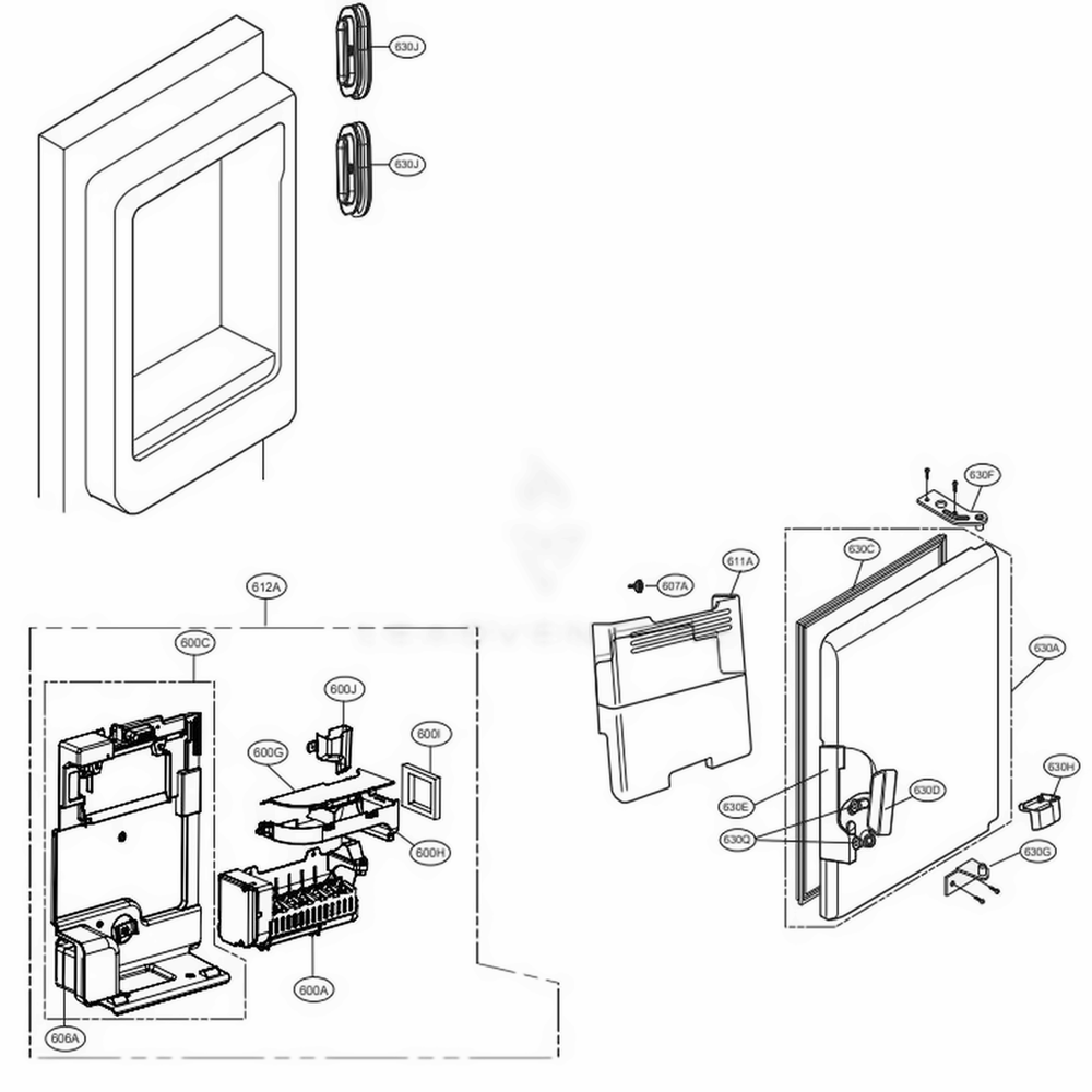 Ice Maker And Ice Bin Parts Diagram and Parts List for LFXS30726B AWBCNA2 LG Refrigerator
