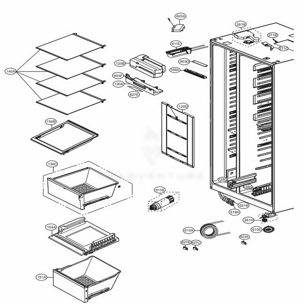 Refrigerator Compartment Diagram and Parts List for LSXS26386D ASBCNA0 LG Refrigerator