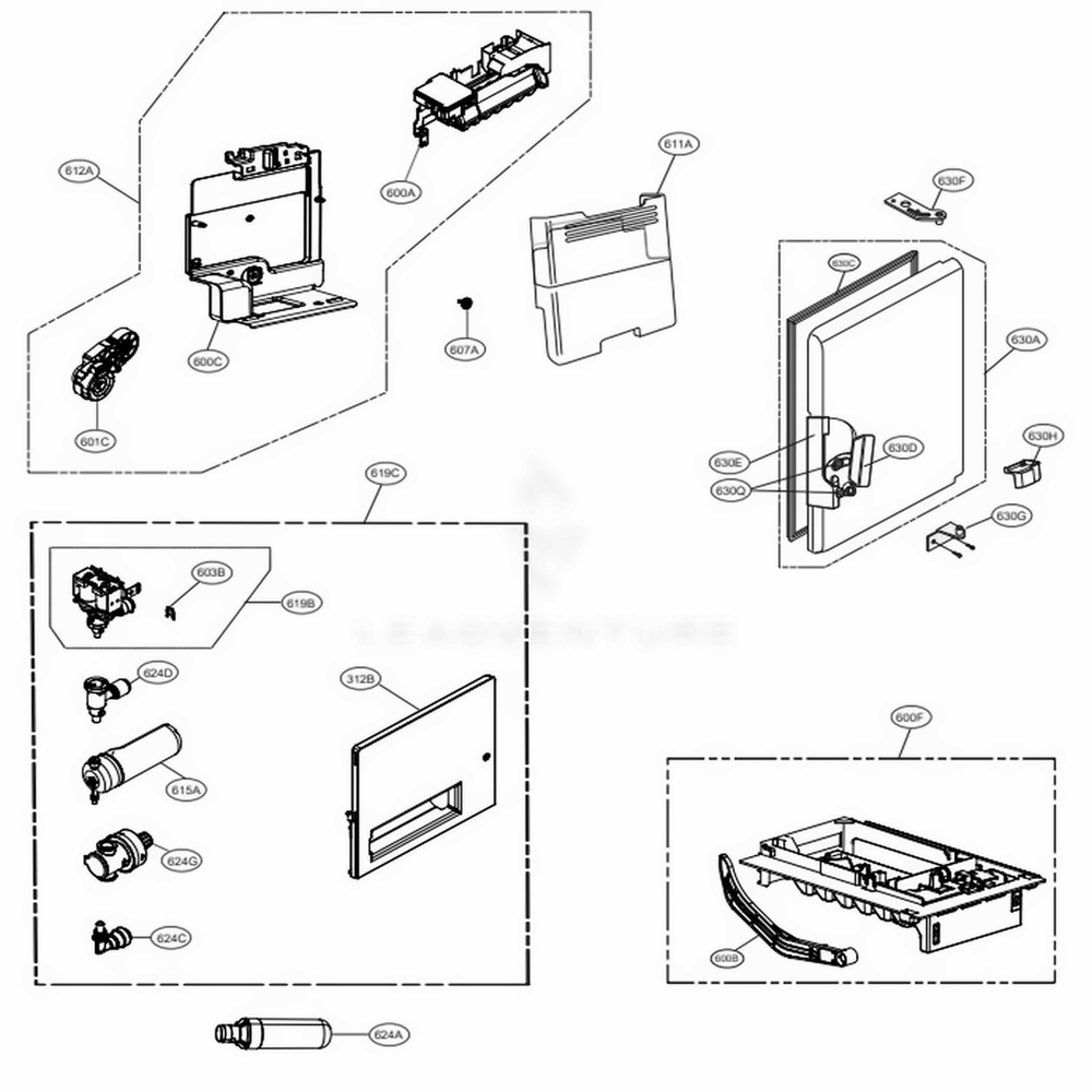 Ice Maker And Bin Parts Diagram and Parts List for LRMDS3006S ASTCNA0 LG Refrigerator