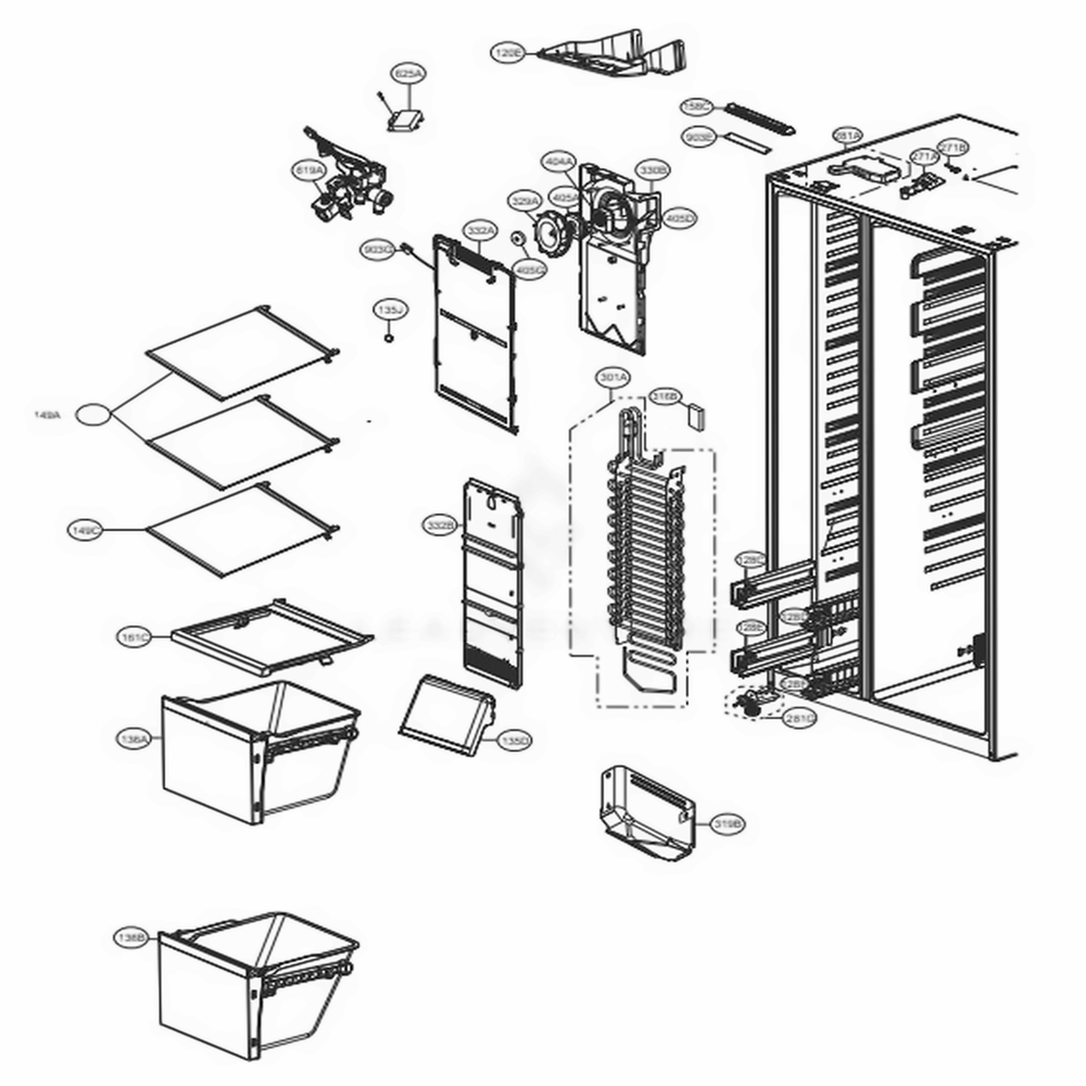 Freezer Compartment Diagram and Parts List for LSXS26366D ASBCNA8 LG Refrigerator