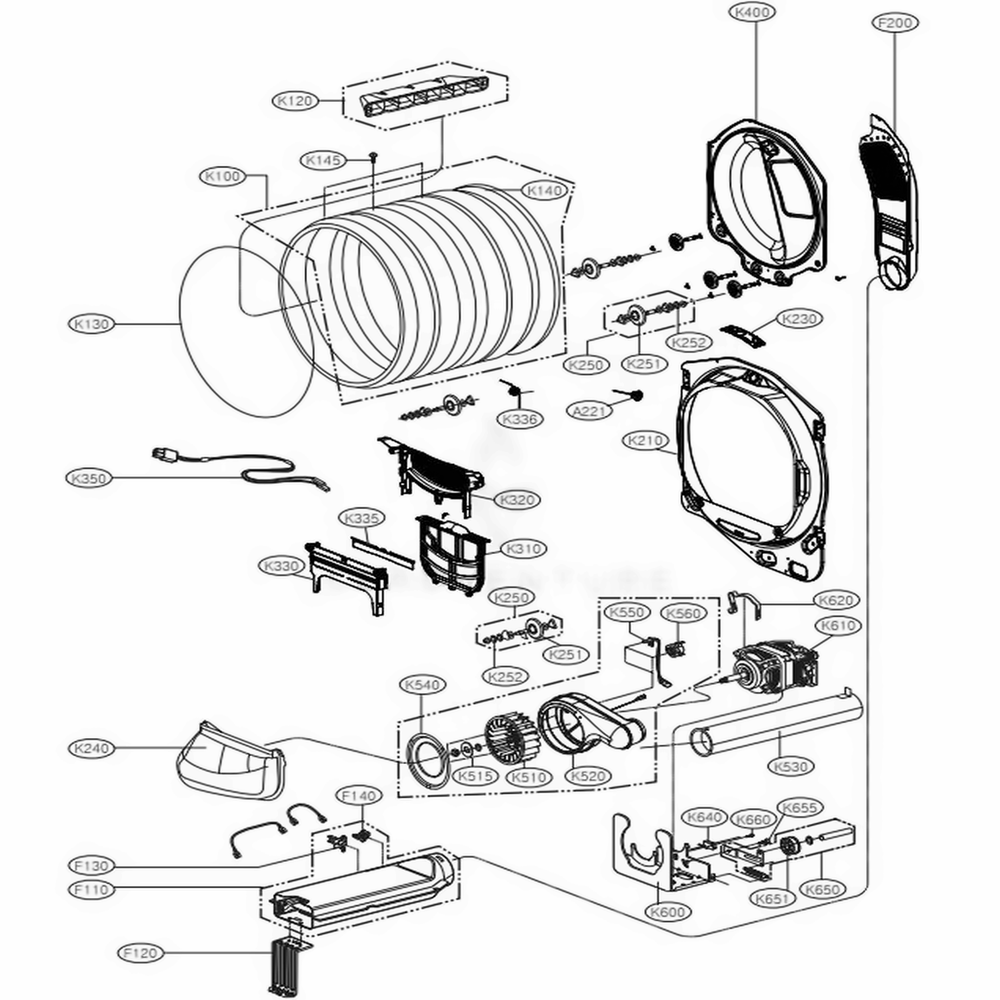 Drum And Motor Assembly: Electric Type Diagram and Parts List for DLE7300VE ASSEEUS LG Dryer