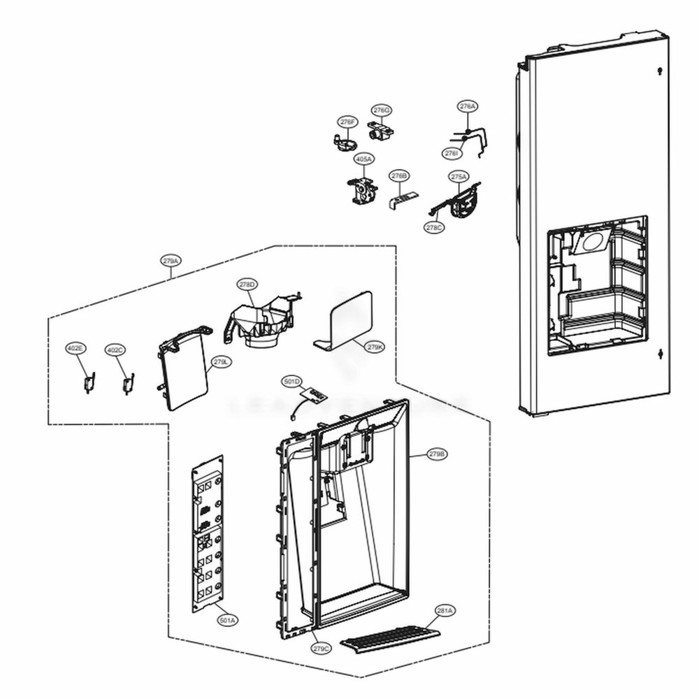 Dispenser Parts Diagram and Parts List for LMXS30776D ASBCNA1 LG Refrigerator
