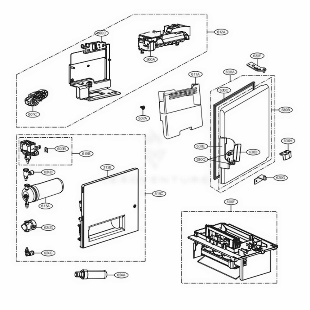 Ice Maker And Ice Bin Parts 1 Diagram and Parts List for SRFVC2406S ASTCNA0 LG Refrigerator